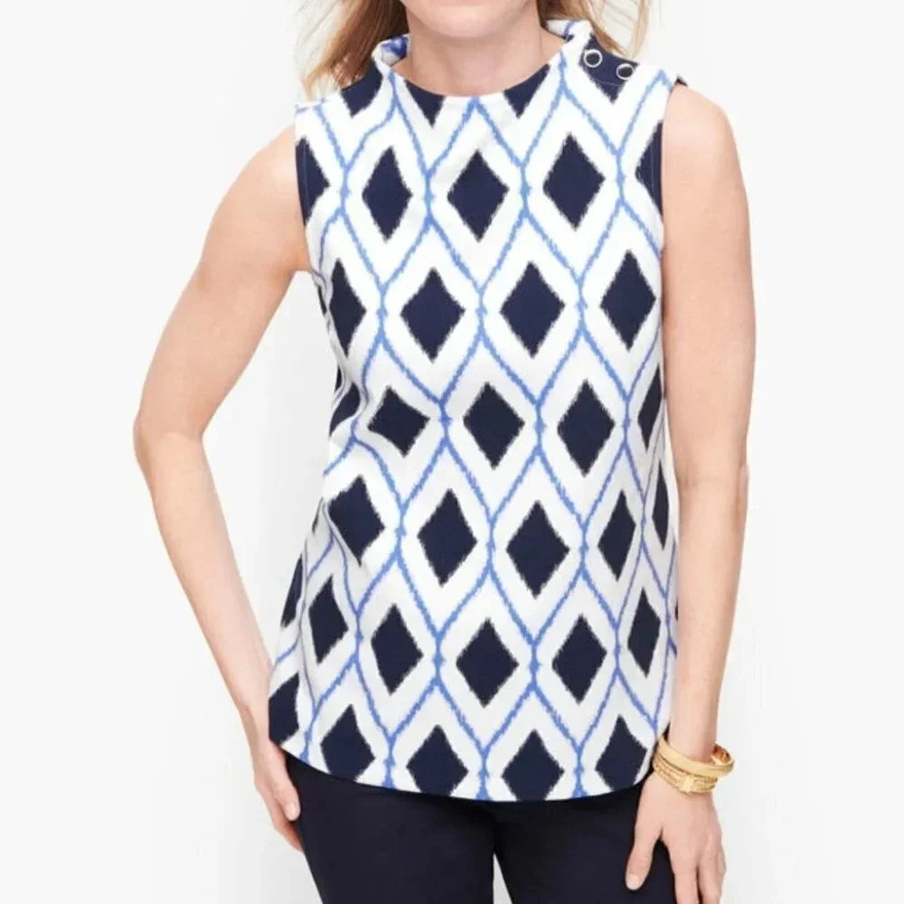 Talbots Womens Size  MP High Neck Button Shoulder Shell Diamond Print